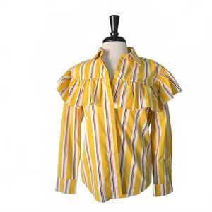 CLARE V - Yellow Striped Women's Ruffle Detail Long Sleeve Blouse